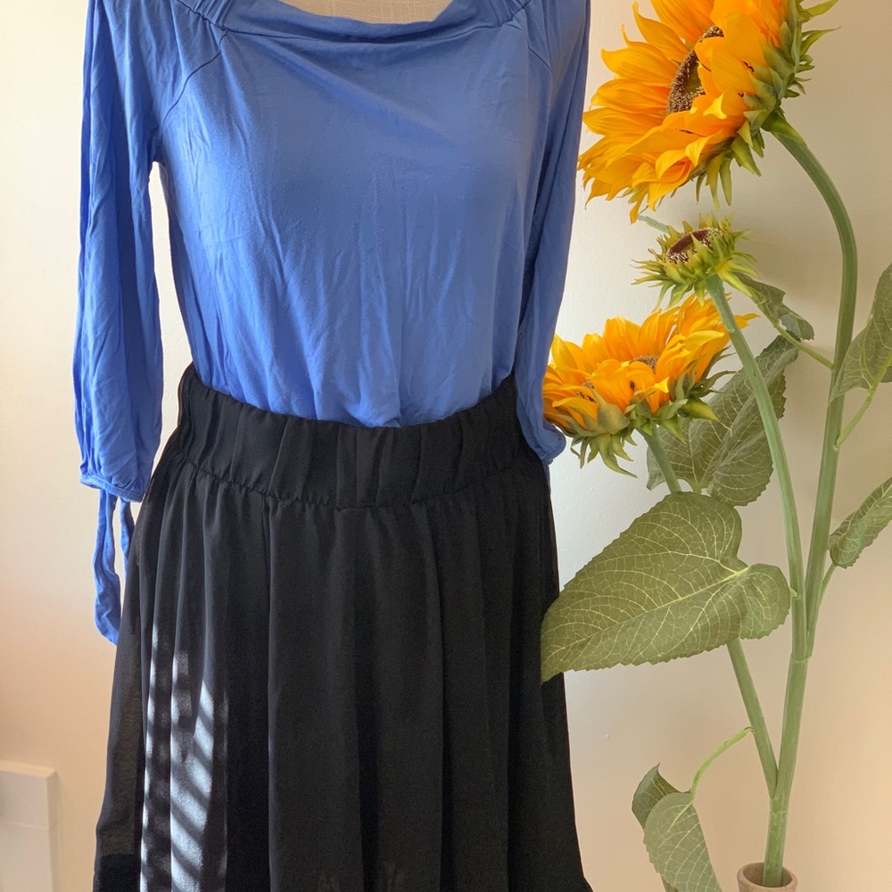 A blue blouse, and black skirt, size L.